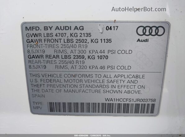 WA1HCCFS1JR003758 2018 AUDI Q3 White Widok komory silnika