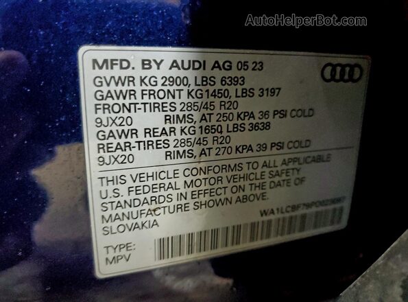WA1LCBF79PD023097 2023 AUDI Q7 Blue Вид наклейки з VIN-кодом