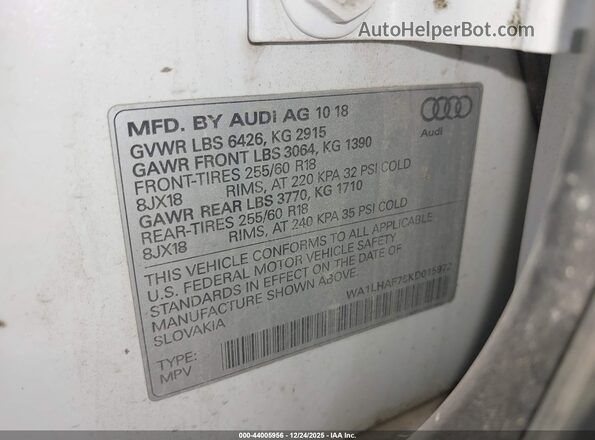 WA1LHAF75KD015972 2019 AUDI Q7 White Вид підкапотного простору