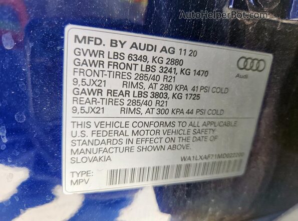 WA1LXAF71MD022200 2021 AUDI Q7 Синий Вид наклейки с VIN-кодом