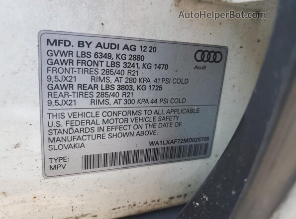 WA1LXAF72MD025705 2021 AUDI Q7 White Widok naklejki z numerem VIN