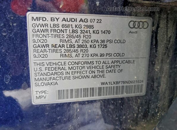 WA1LXBF75ND021624 2022 AUDI Q7 Blue VIN կոդի պիտակի տեսք