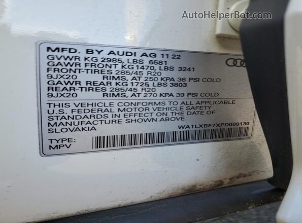 WA1LXBF7XPD008130 2023 AUDI Q7 White Widok naklejki z numerem VIN
