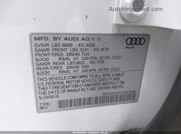 WA1VAAF71JD021585 2018 AUDI Q7 White ძრავის განყოფილების ხედი