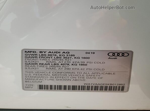 WA1VAAGE5KB012852 2019 AUDI E-TRON White Սալոնի 360 աստիճան տեսք