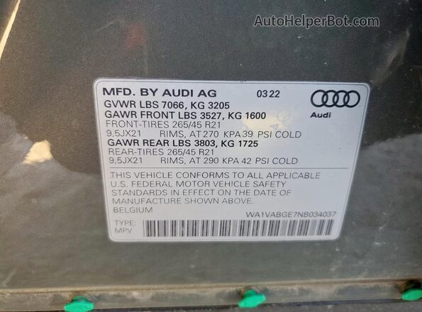 WA1VABGE7NB034037 2022 AUDI E-TRON Серый Вид подкапотного пространства