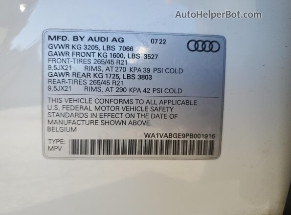 WA1VABGE9PB001916 2023 AUDI E-TRON White VIN sticker view