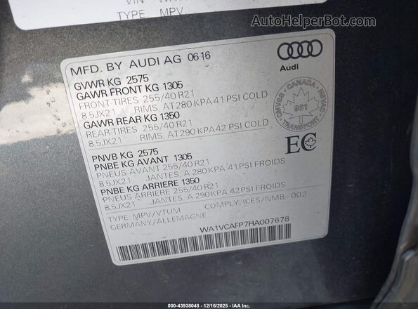 WA1VCAFP7HA007678 2017 AUDI SQ5 Серый Вид подкапотного пространства