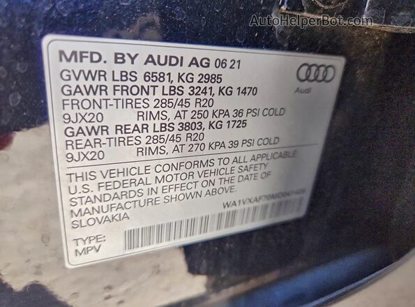 WA1VXAF70MD041409 2021 AUDI Q7 Black VIN sticker view