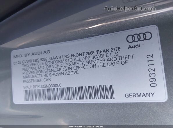 WAU1BCFU3SN030056 2025 AUDI ALL Gray Vista del compartimento del motor