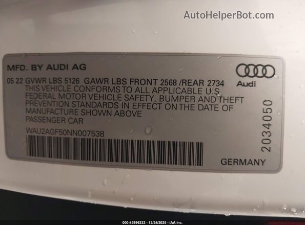 WAU2AGF50NN007538 2022 AUDI OTHER White Вид підкапотного простору