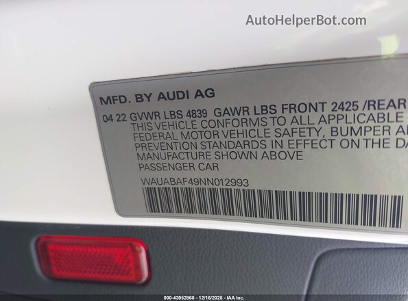 WAUABAF49NN012993 2022 AUDI OTHER White Շարժիչի բաժամունքի տեսք