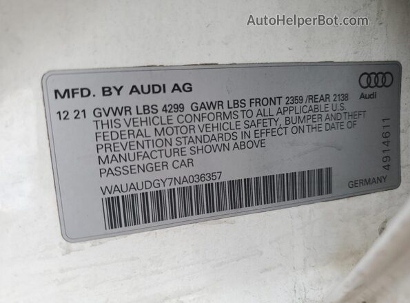 WAUAUDGY7NA036357 2022 AUDI OTHER White VIN կոդի պիտակի տեսք