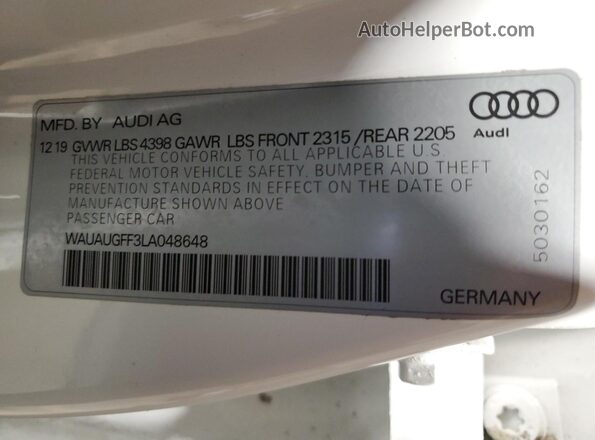 WAUAUGFF3LA048648 2020 AUDI OTHER White Вид наклейки з VIN-кодом