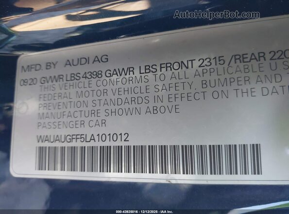 WAUAUGFF5LA101012 2020 AUDI OTHER Blue Շարժիչի բաժամունքի տեսք