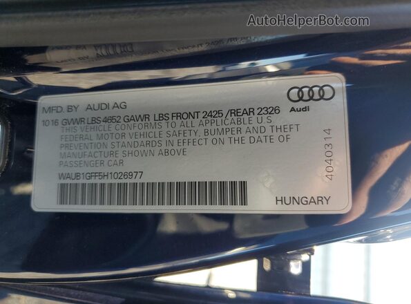 WAUB1GFF5H1026977 2017 AUDI S3 Синий Вид наклейки с VIN-кодом