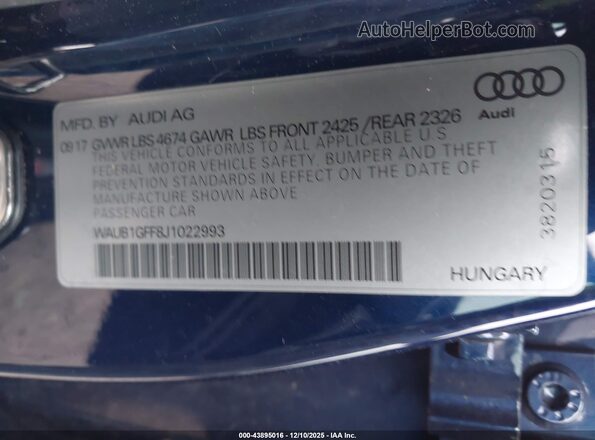 WAUB1GFF8J1022993 2018 AUDI S3 Blue Շարժիչի բաժամունքի տեսք