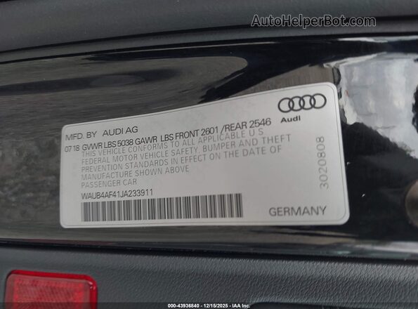 WAUB4AF41JA233911 2018 AUDI S4 Black Շարժիչի բաժամունքի տեսք
