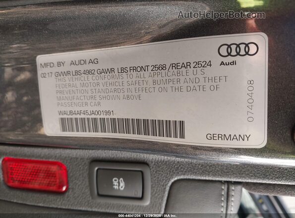 WAUB4AF45JA001991 2018 AUDI S4 Gray Engine compartment view
