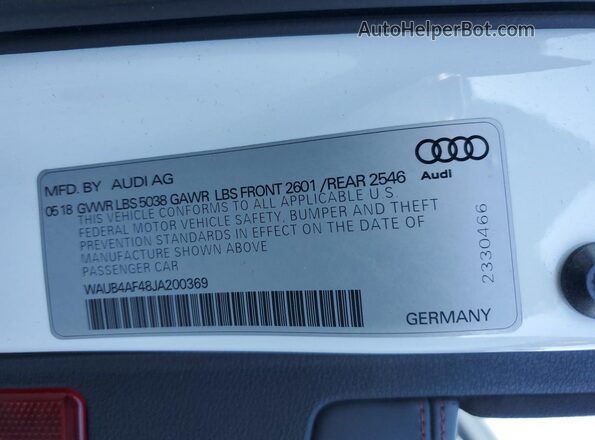 WAUB4AF48JA200369 2018 AUDI S4 Белый Вид подкапотного пространства