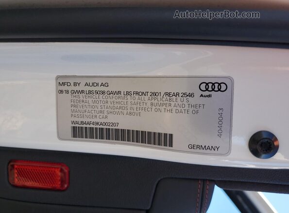 WAUB4AF49KA002207 2019 AUDI S4 Белый Вид наклейки с VIN-кодом
