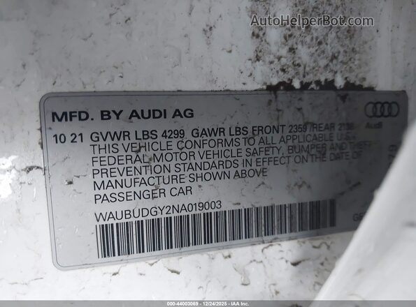 WAUBUDGY2NA019003 2022 AUDI OTHER White Շարժիչի բաժամունքի տեսք