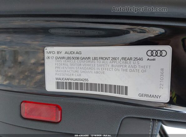 WAUC4AF44JA004255 2018 AUDI S4 Black Vista del compartimento del motor