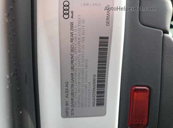 WAUC4CF55KA099916 2019 AUDI S5 White VIN կոդի պիտակի տեսք