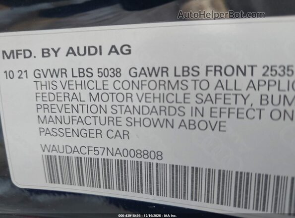 WAUDACF57NA008808 2022 AUDI OTHER Black ძრავის განყოფილების ხედი