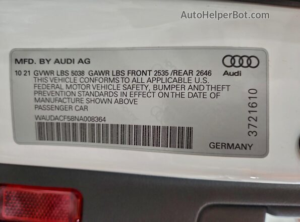 WAUDACF58NA008364 2022 AUDI OTHER White Вид підкапотного простору