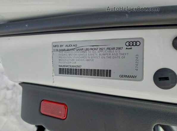 WAUDFAF23LN042567 2020 AUDI S6 White VIN sticker view