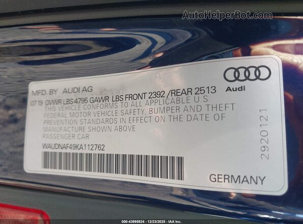 WAUDNAF49KA112762 2019 AUDI OTHER Blue Widok komory silnika
