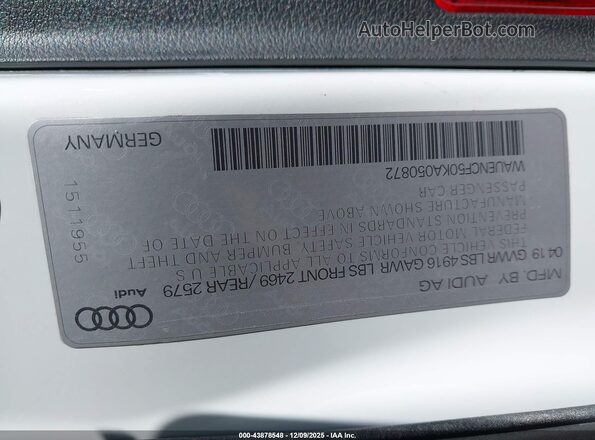 WAUENCF50KA050872 2019 AUDI OTHER White Вид підкапотного простору