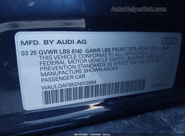 WAULDAF85SN012684 2025 AUDI OTHER Black Вид підкапотного простору
