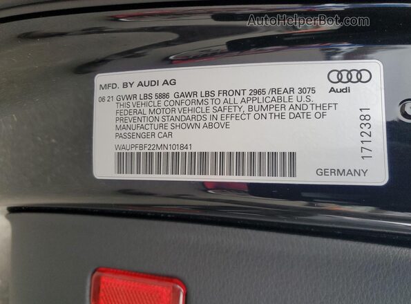 WAUPFBF22MN101841 2021 AUDI S7 Черный Вид наклейки с VIN-кодом