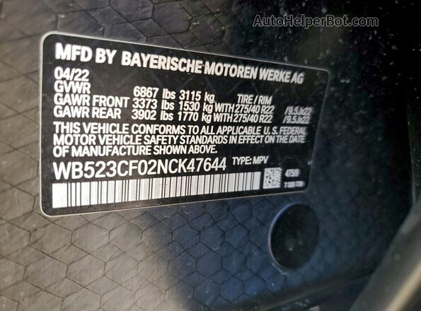 WB523CF02NCK47644 2022 BMW IX Black VIN კოდის სტიკერის ხედი