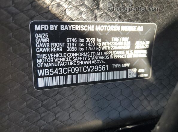 WB543CF09TCV29561 2026 BMW IX Black Вид наклейки з VIN-кодом