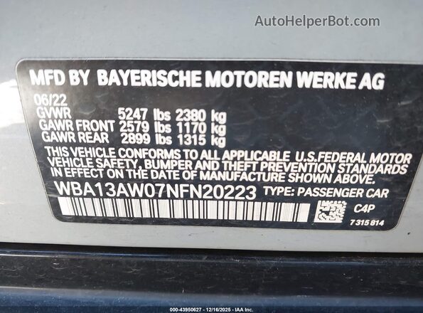 WBA13AW07NFN20223 2022 BMW OTHER Gray Вид підкапотного простору