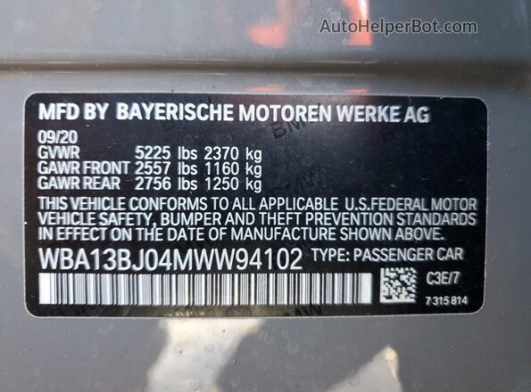 WBA13BJ04MWW94102 2021 BMW 5 SERIES Gray Widok komory silnika