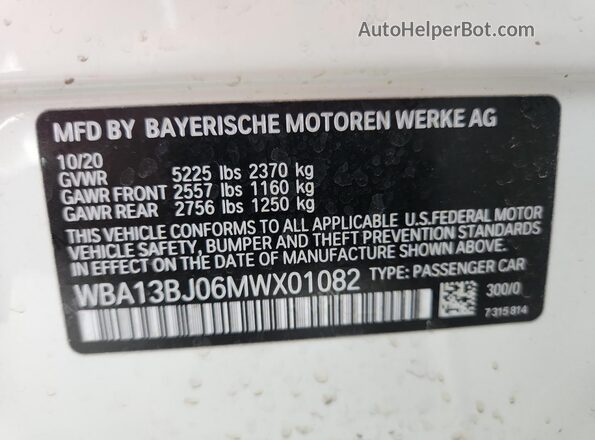 WBA13BJ06MWX01082 2021 BMW 5 SERIES White VIN կոդի պիտակի տեսք
