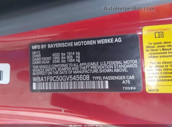 WBA1F9C50GV545608 2016 BMW 2 SERIES Orange ძრავის განყოფილების ხედი