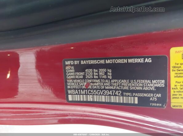 WBA1M1C55GV394742 2016 BMW M2 Red Vista del compartimento del motor
