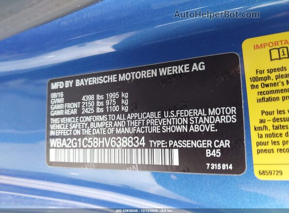 WBA2G1C58HV638834 2017 BMW M2 Blue Engine compartment view