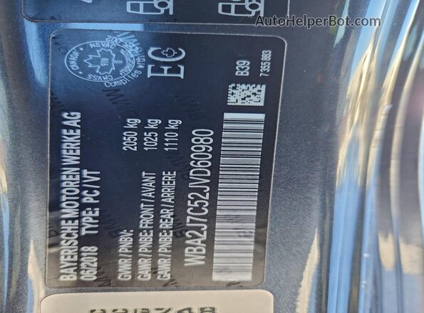 WBA2J7C52JVD60980 2018 BMW M2 Gray VIN sticker view