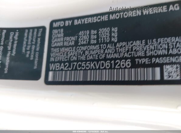 WBA2J7C55KVD61266 2019 BMW M2 White ძრავის განყოფილების ხედი