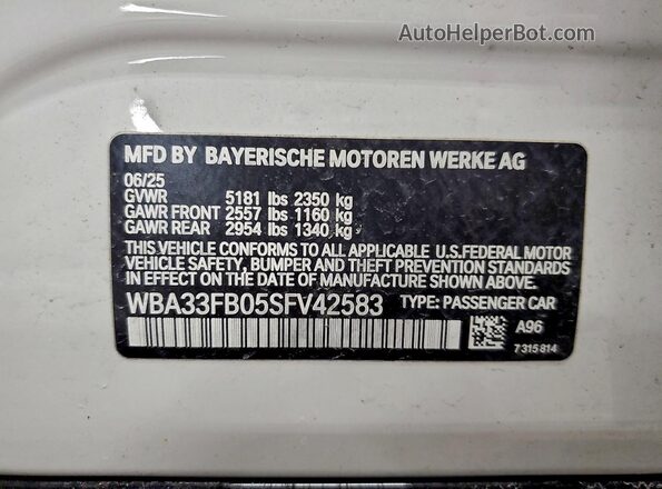 WBA33FB05SFV42583 2025 BMW 7 SERIES White 