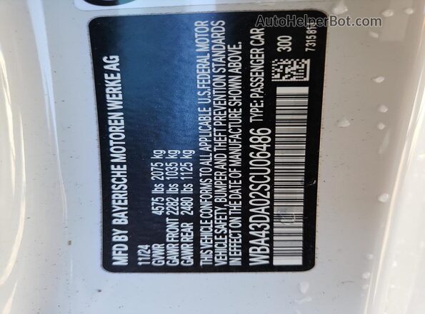 WBA43DA02SCU06486 2025 BMW 4 SERIES White Vista de la etiqueta del VIN