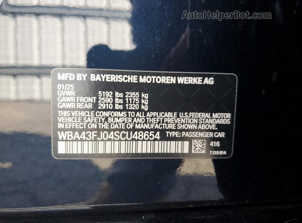WBA43FJ04SCU48654 2025 BMW 5 SERIES Blue VIN კოდის სტიკერის ხედი