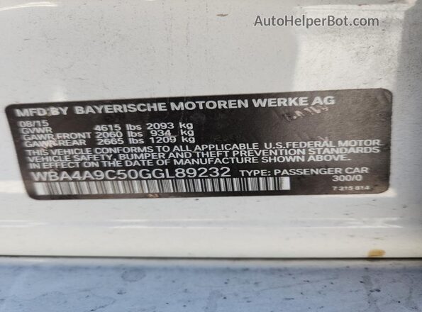 WBA4A9C50GGL89232 2016 BMW 4 SERIES White Вид підкапотного простору