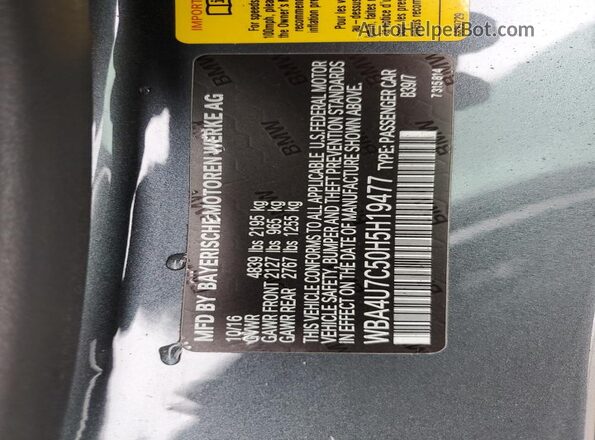 WBA4U7C50H5H19477 2017 BMW 4 SERIES Gray VIN კოდის სტიკერის ხედი
